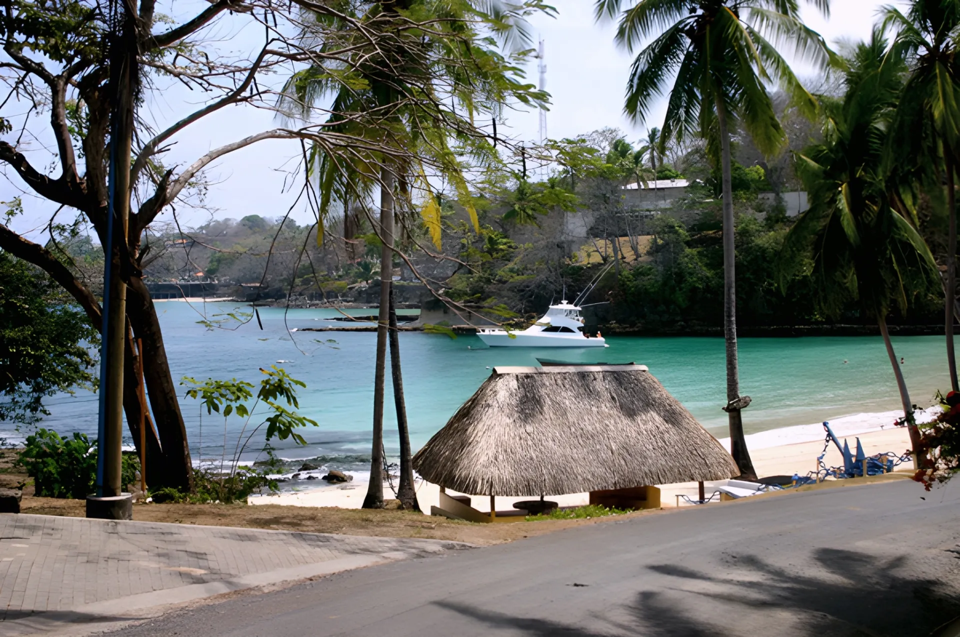 Palm trees and boats at Playa Ejecutiva, Contadora
